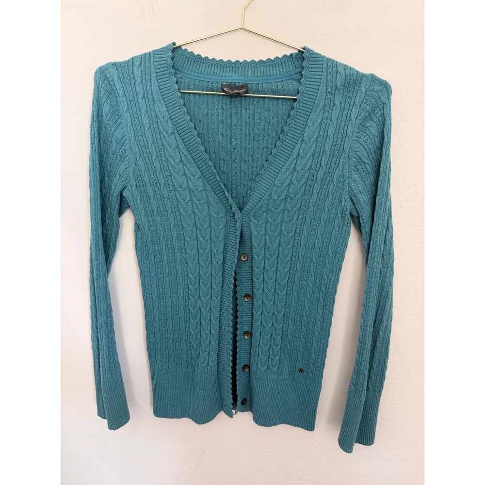Eddie Bauer Vintage Cable Knit Cardigan Scalloped Trim V-Neck Sweater Small